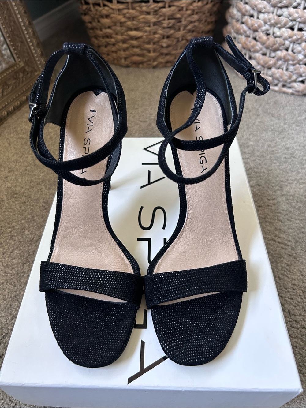 Via Spiga Tiara Black Strappy Ankle-Heel Sandals